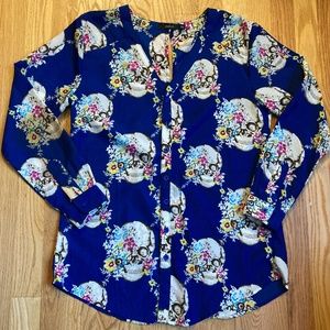 Millau Royal Blue Skull & Flower Print Long Sleeve Open Back Top, Size XS